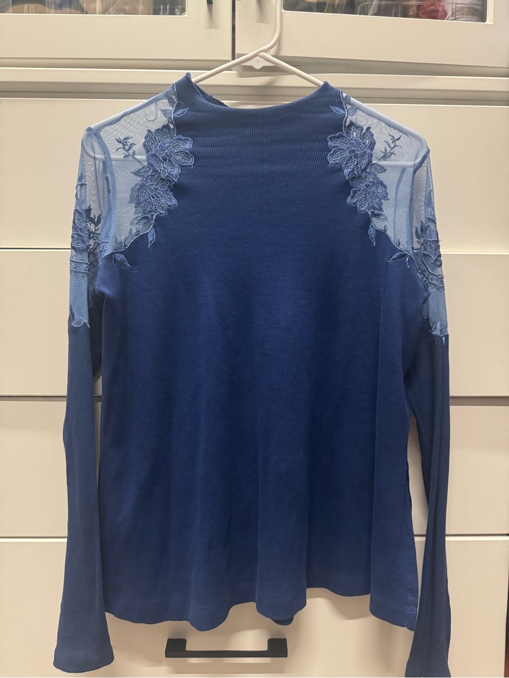 Free People Navy Blue Long-Sleeve Tee with Lace Shoulder Panels